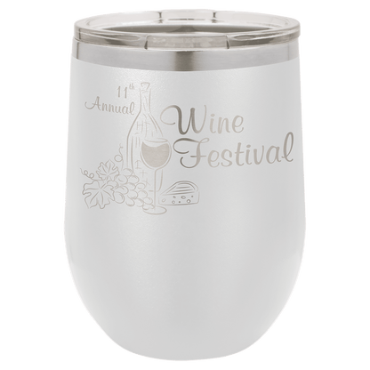 White wine tumbler with '11th Annual Wine Festival' engraving on a green background