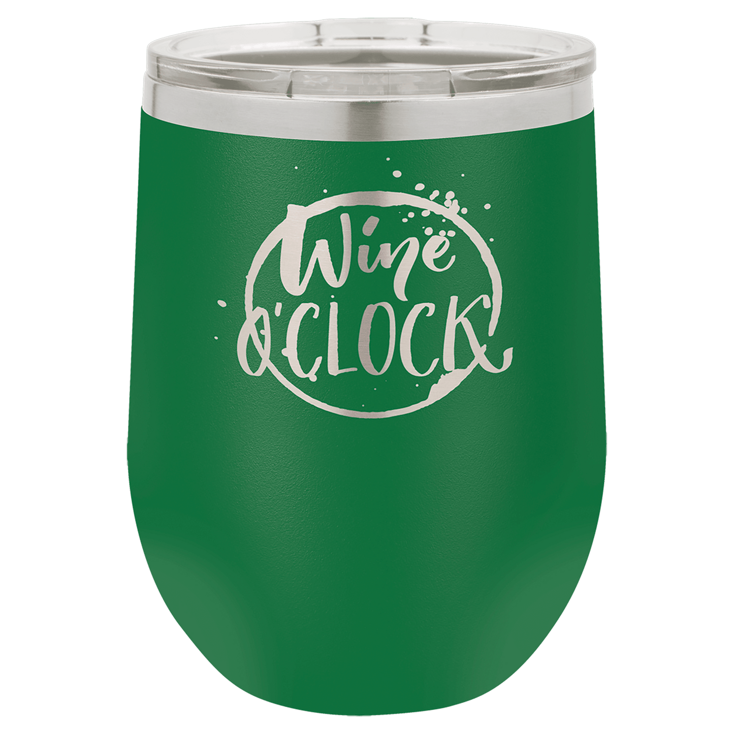 Green tumbler with 'Wine O'Clock' text on a transparent background