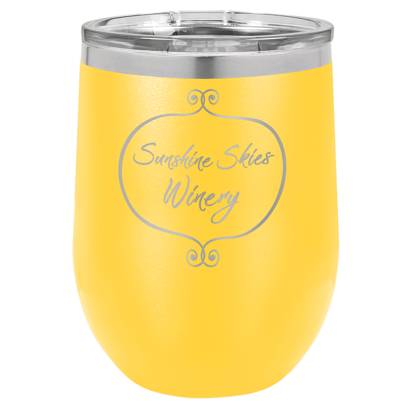 Yellow wine tumbler with 'Sunshine Skies Winery' engraving on a clear background