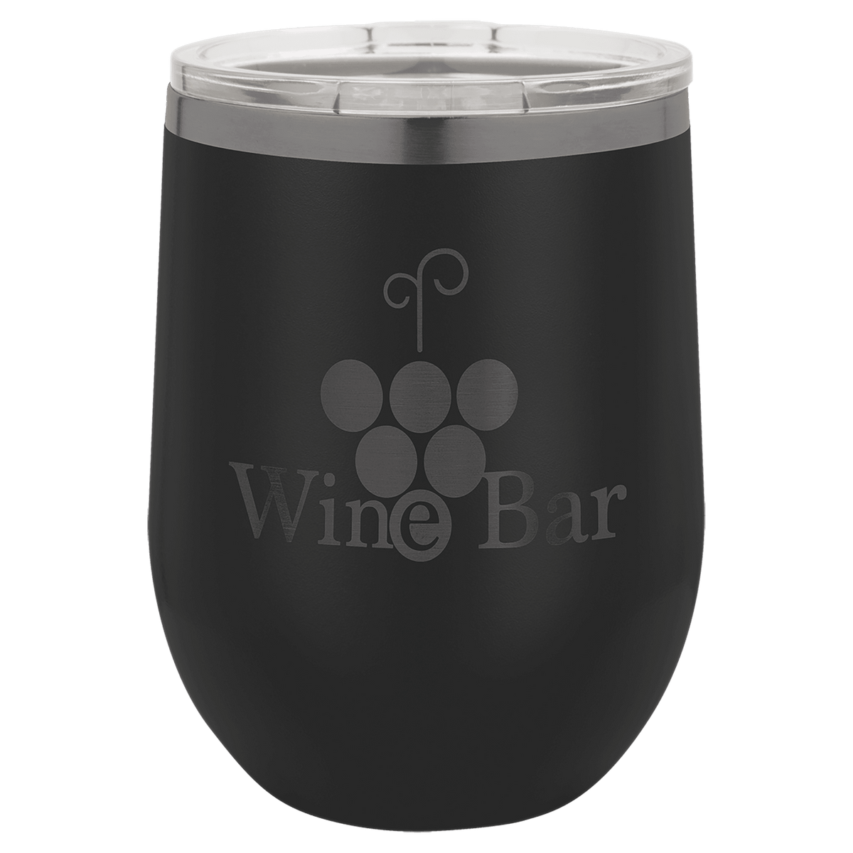 Personalized 12 oz. stemless tumbler in black with ghost black engraving