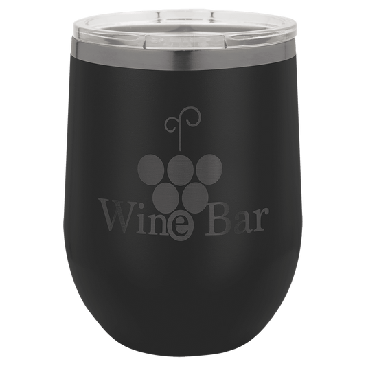 Personalized 12 oz. stemless tumbler in black with ghost black engraving