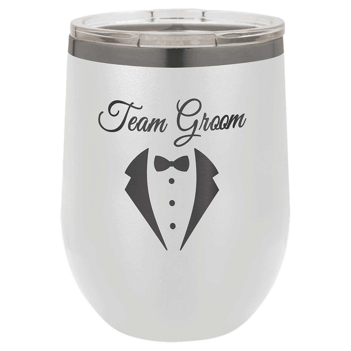 Personalized 12 oz. stemless tumbler in white with ghost black engraving