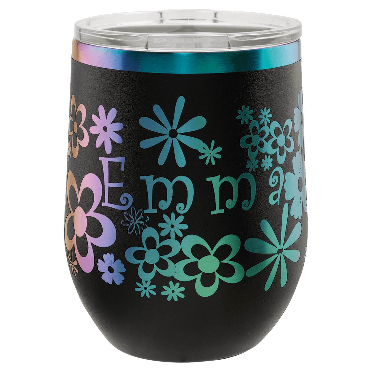 Personalized 12 oz. stemless tumbler in black with prism iridescent engraving