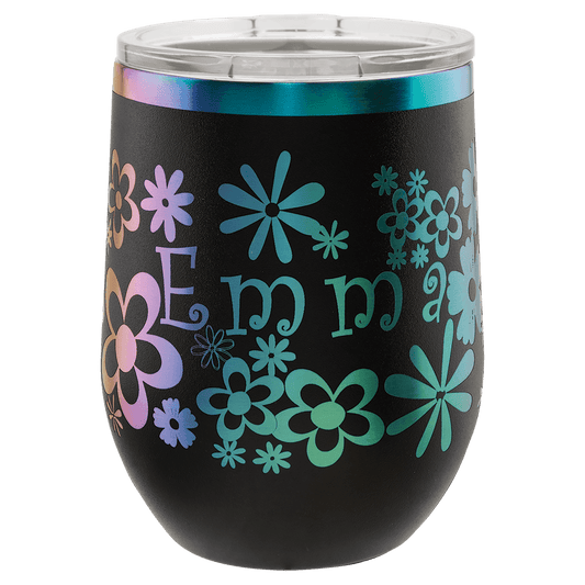 Personalized 12 oz. stemless tumbler in black with prism iridescent engraving