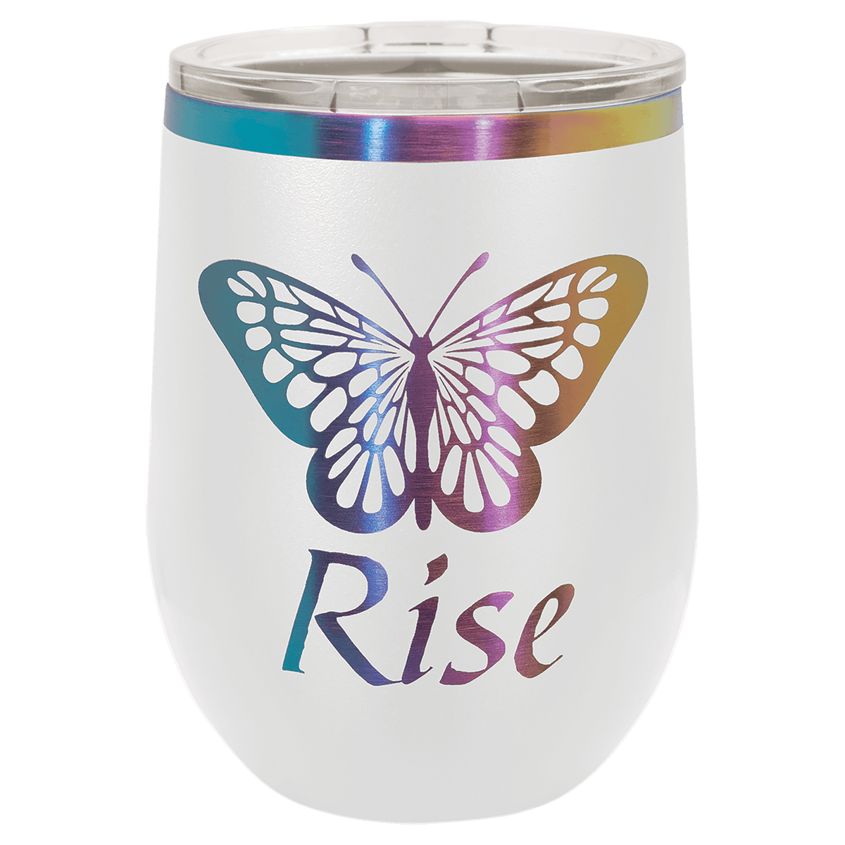 Personalized 12 oz. stemless tumbler in white with prism iridescent engraving