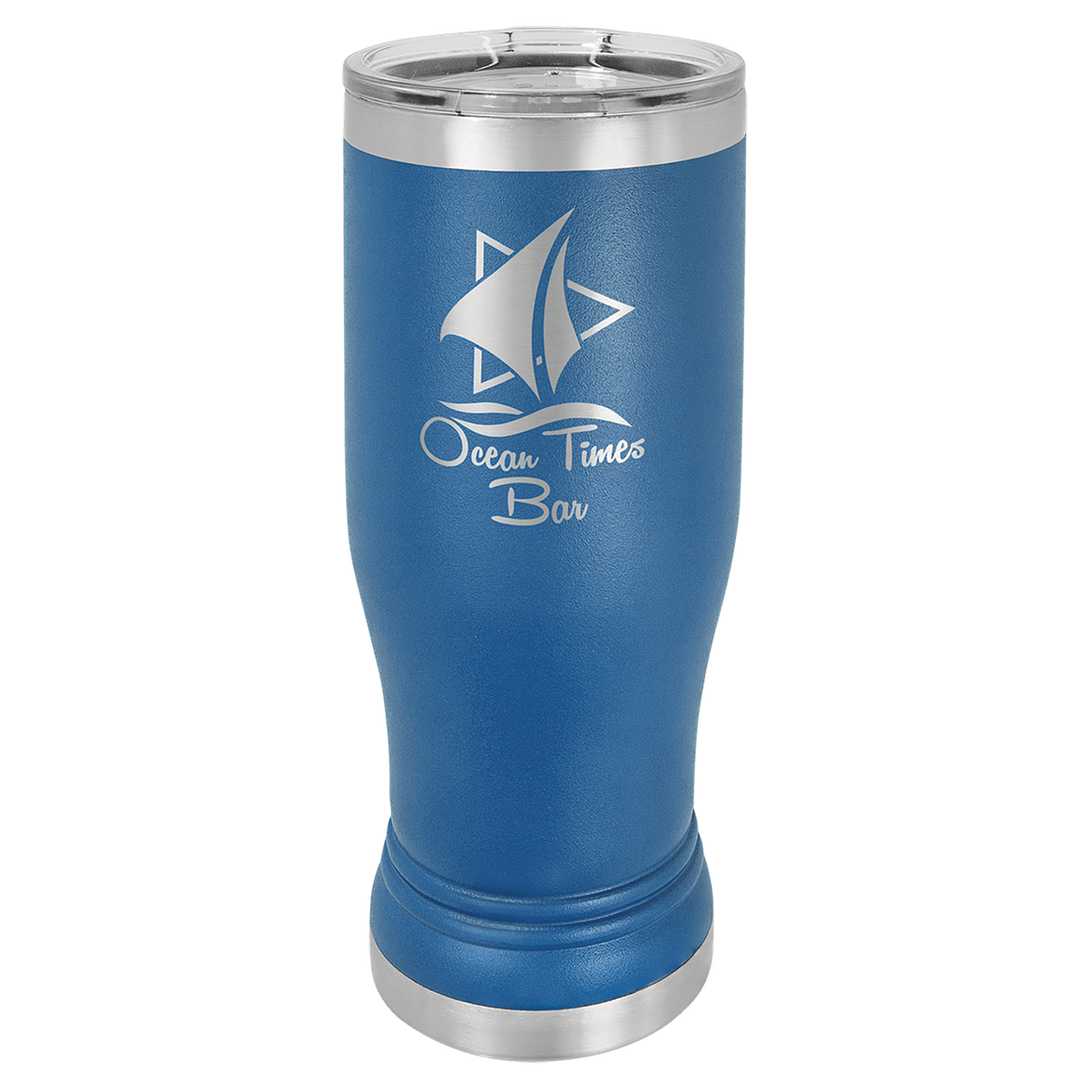 Personalized 14 oz insulated pilsner tumbler in royal blue