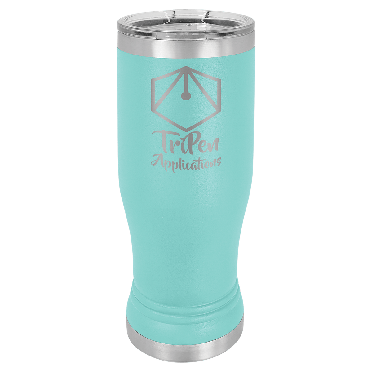 Personalized 14 oz insulated pilsner tumbler in teal