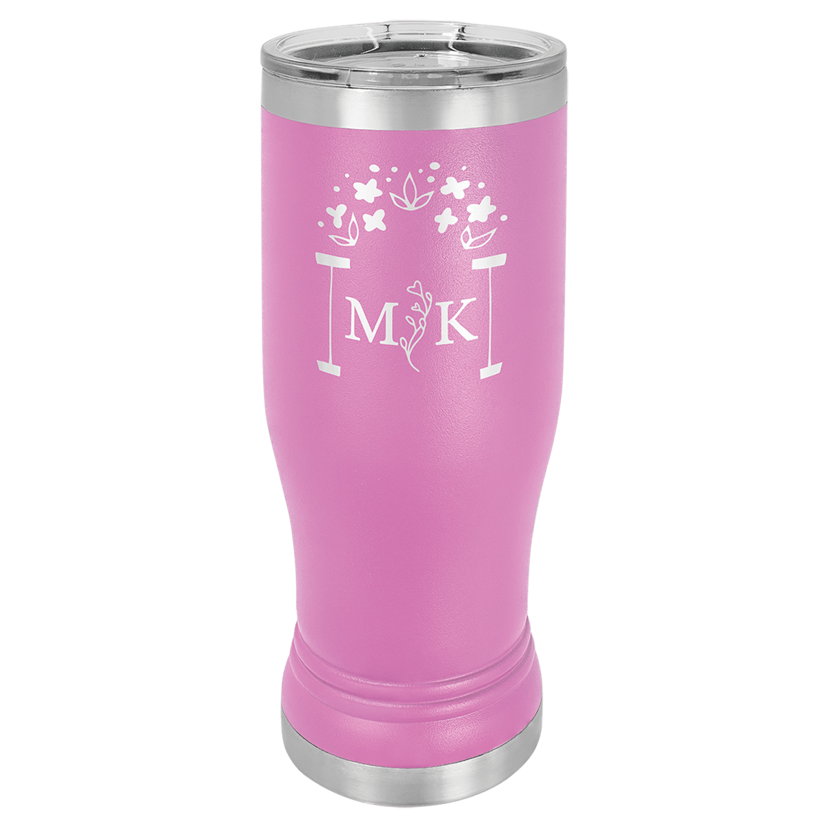 Personalized 14 oz insulated pilsner tumbler in light purple