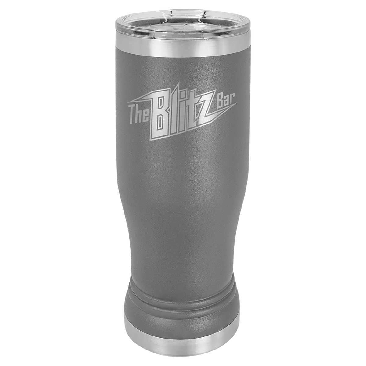Personalized 14 oz insulated pilsner tumbler in dark gray