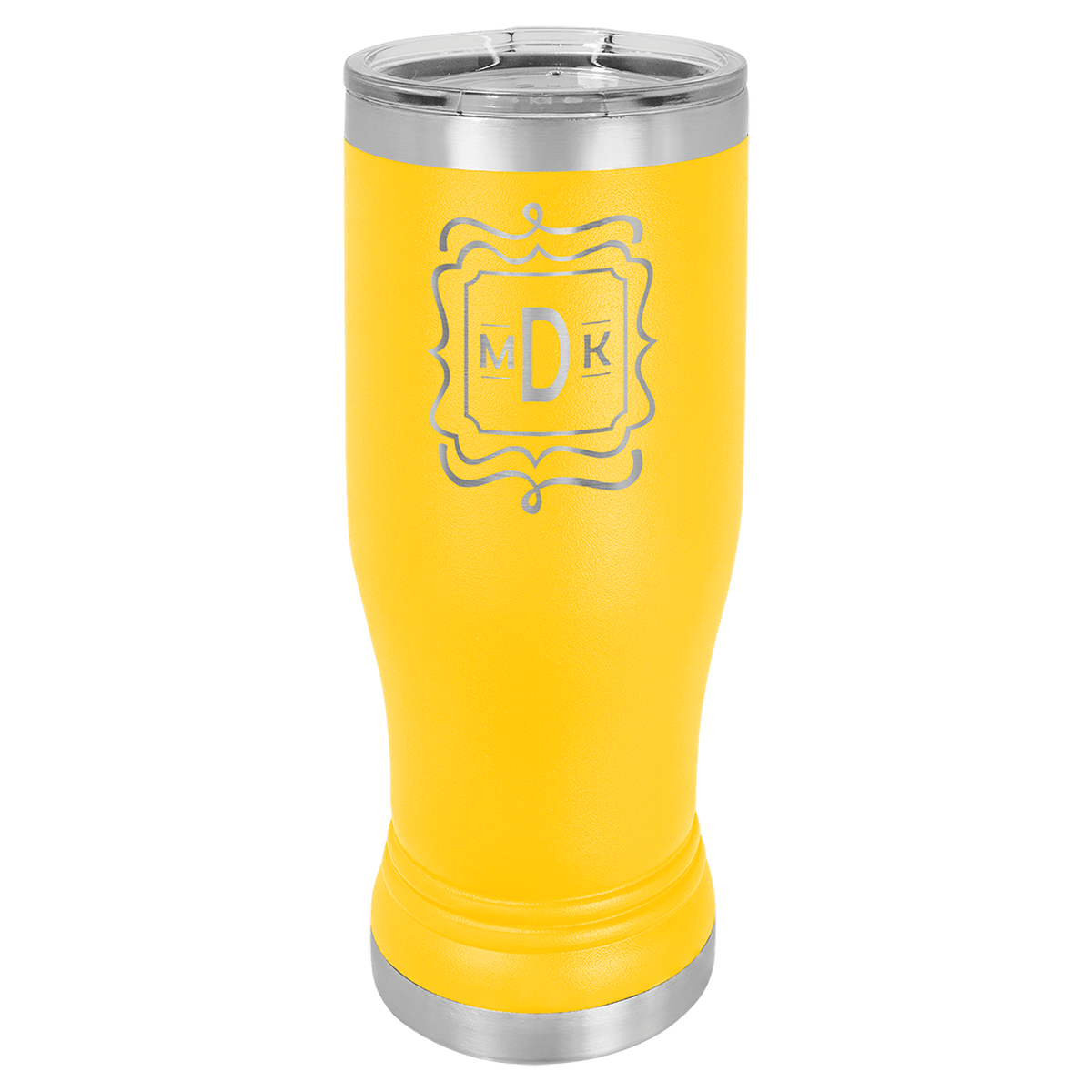 Personalized 14 oz insulated pilsner tumbler in yellow