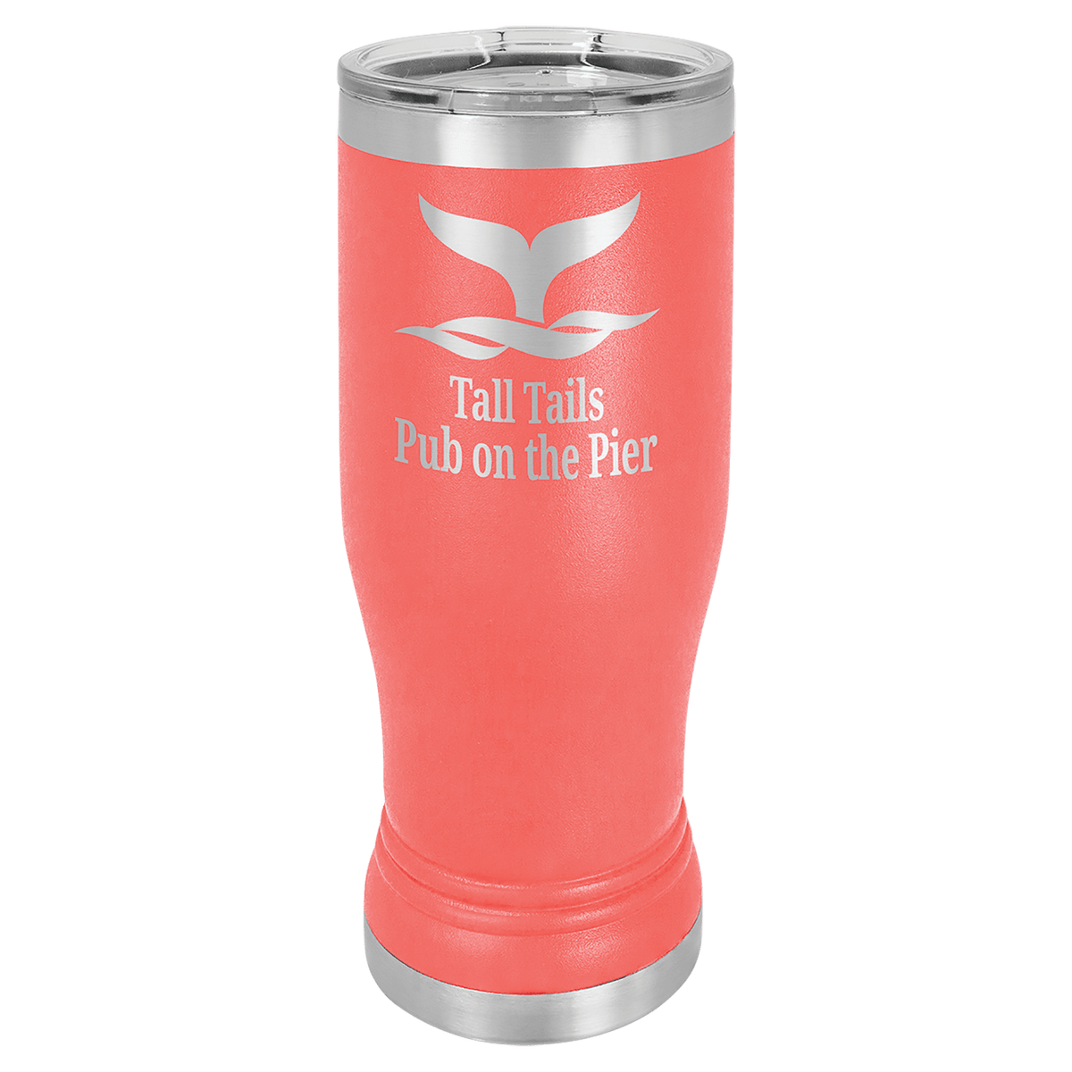 Personalized 14 oz insulated pilsner tumbler in coral