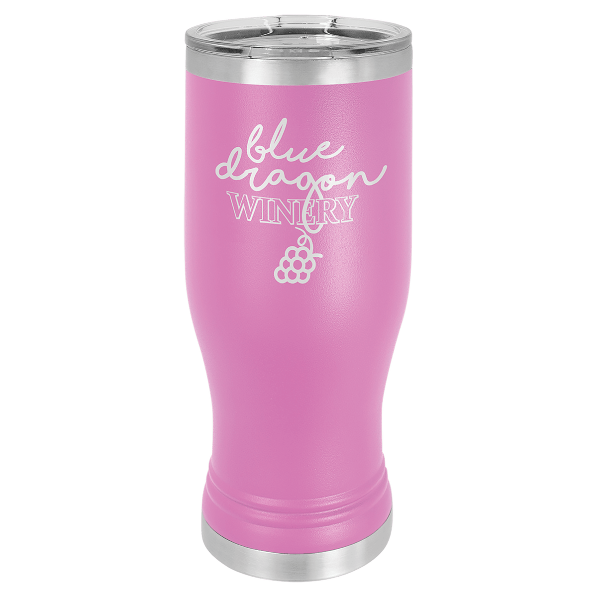 Personalized 20 oz insulated pilsner tumbler in light purple