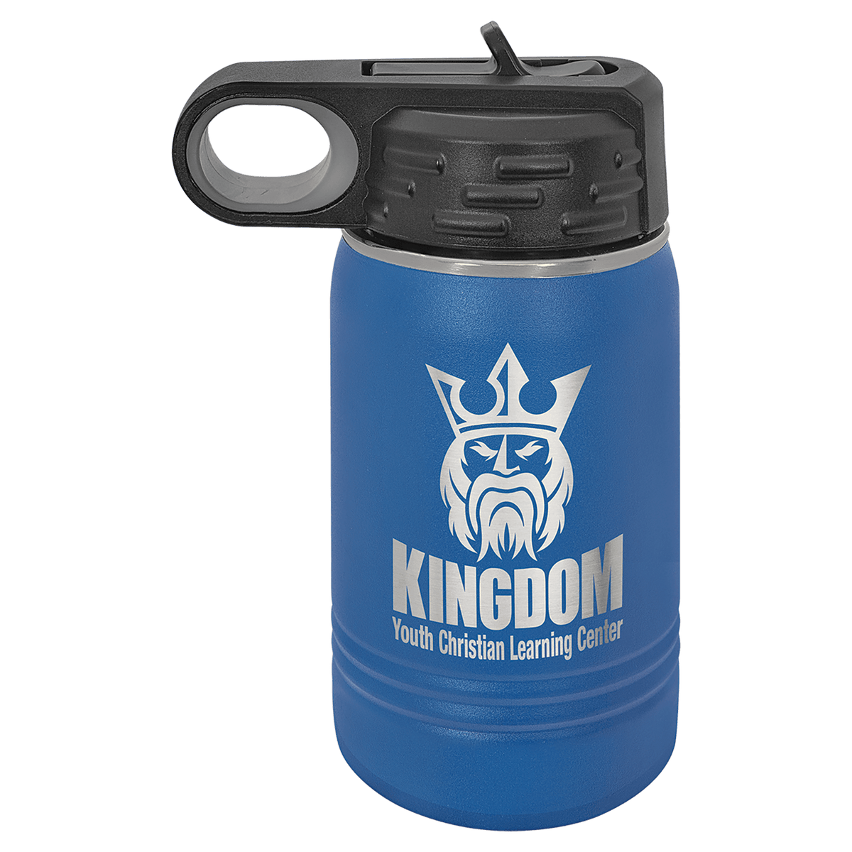 Personalized 12 oz insulated kids water bottle in royal blue