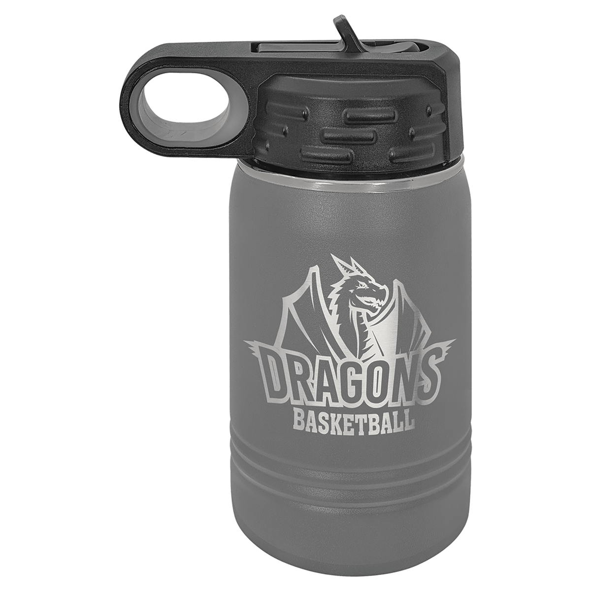 Personalized 12 oz insulated kids water bottle in dark gray
