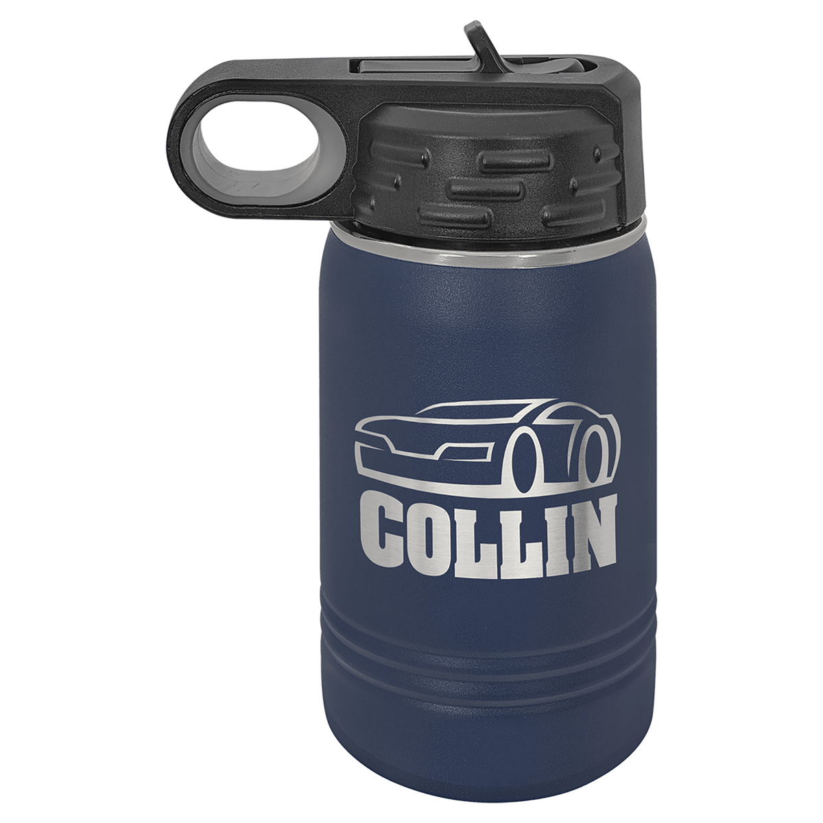 Personalized 12 oz insulated kids water bottle in navy blue