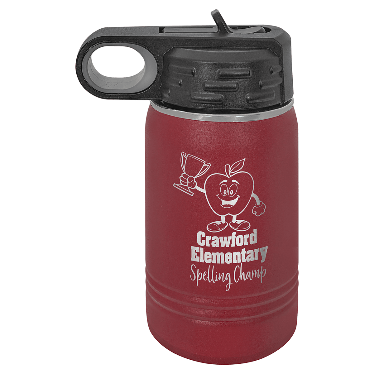 Personalized 12 oz insulated kids water bottle in maroon