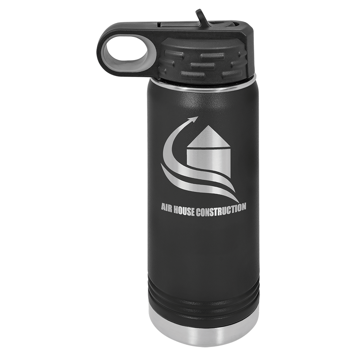 Personalized 20 oz black powder coated insulated water bottle with flip-top straw lid
