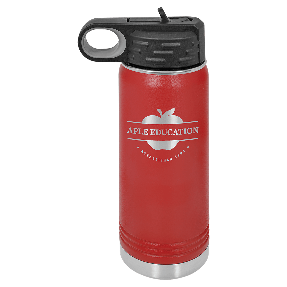 Personalized 20 oz red powder coated insulated water bottle with flip-top straw lid