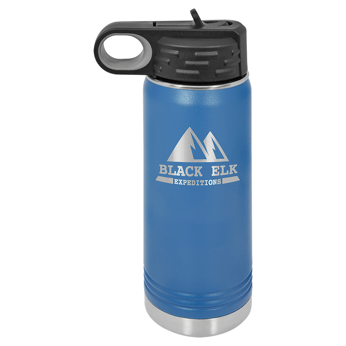 Personalized 20 oz royal blue powder coated insulated water bottle with flip-top straw lid