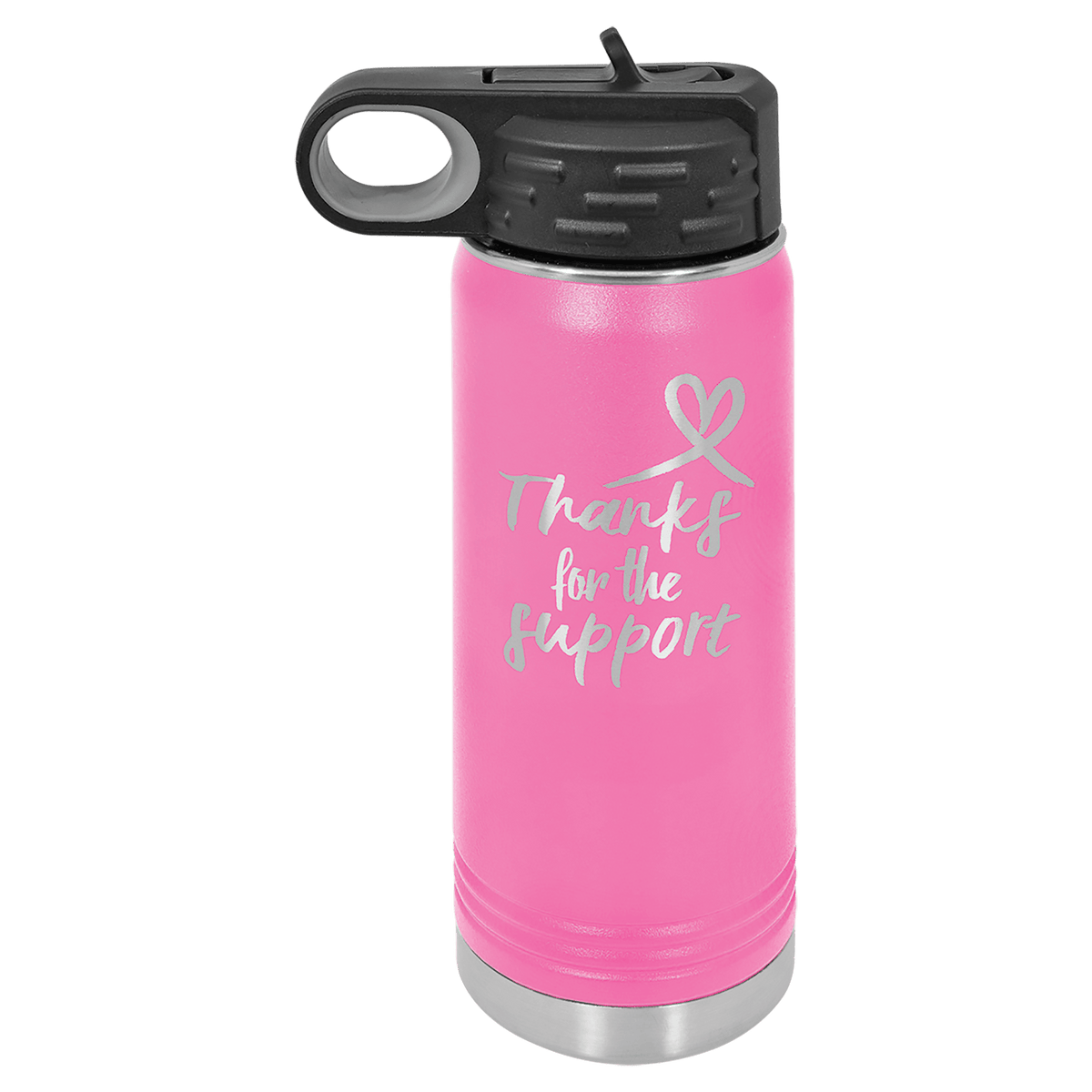 Personalized 20 oz pink powder coated insulated water bottle with flip-top straw lid