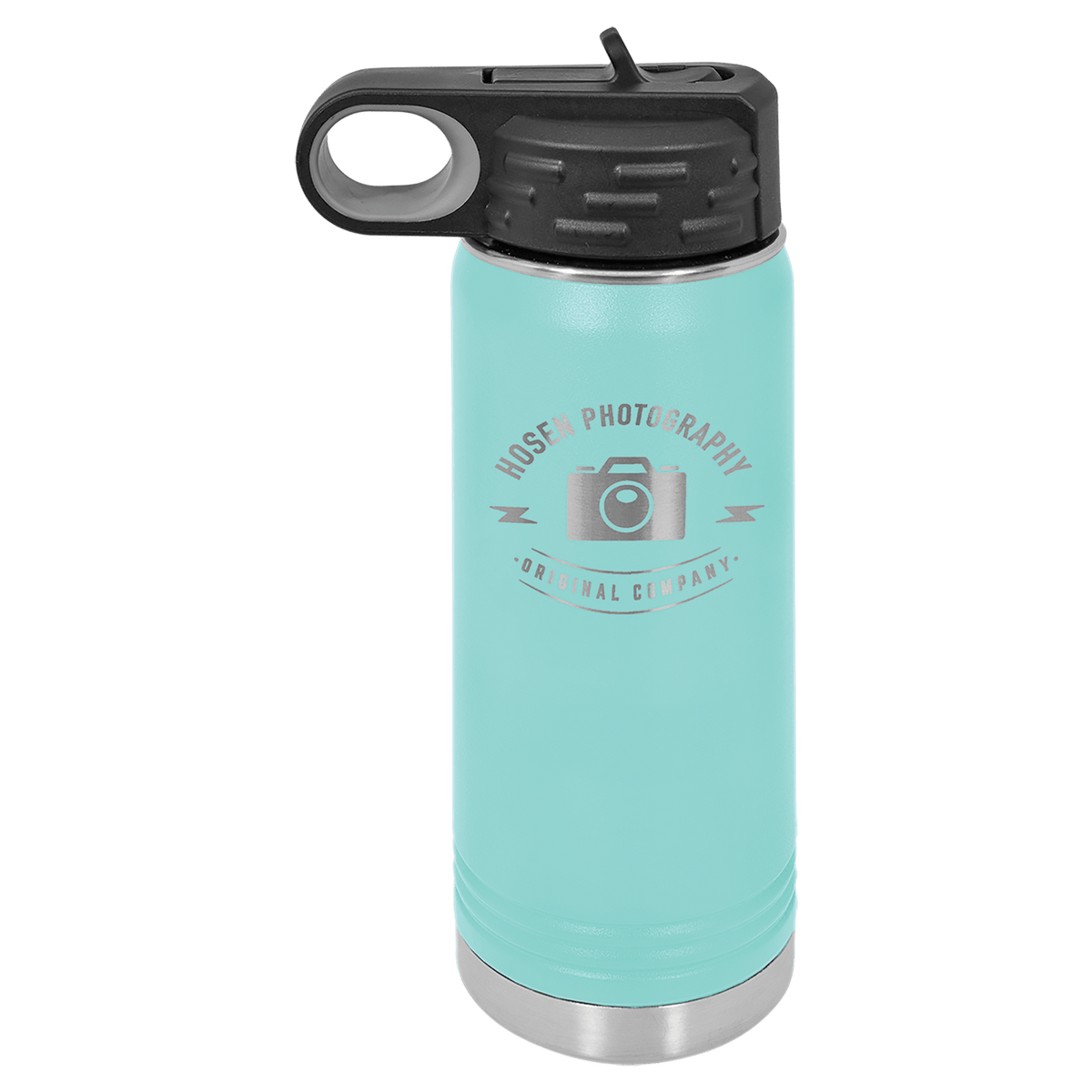 Personalized 20 oz teal powder coated insulated water bottle with flip-top straw lid