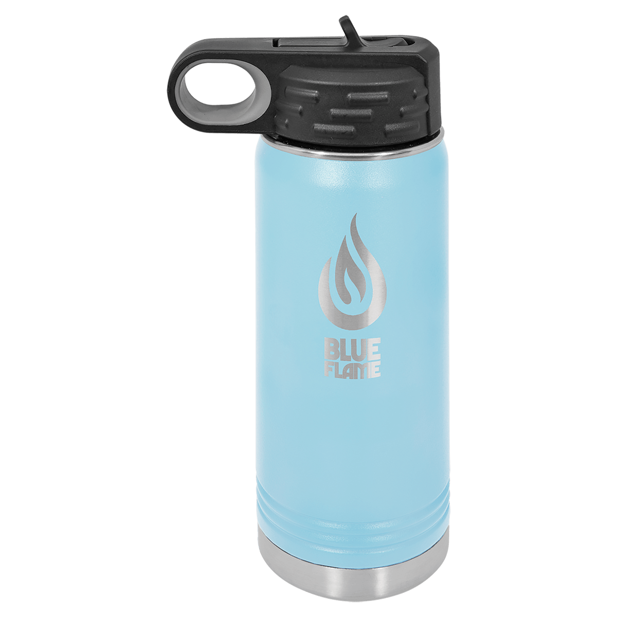 Personalized 20 oz light blue powder coated insulated water bottle with flip-top straw lid