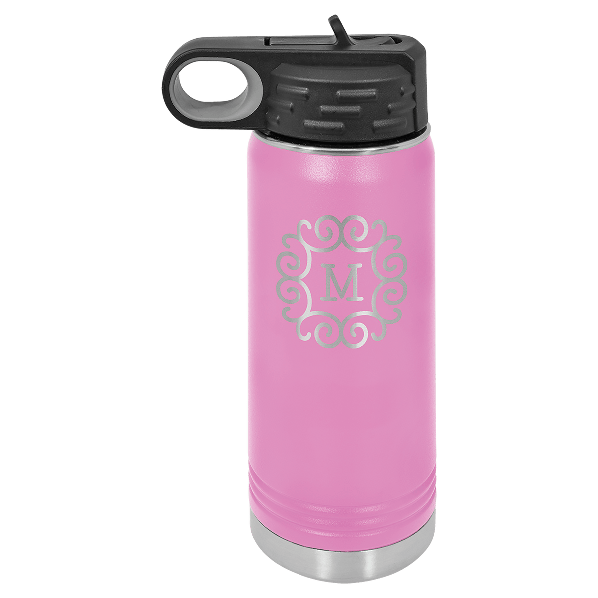 Personalized 20 oz light purple powder coated insulated water bottle with flip-top straw lid