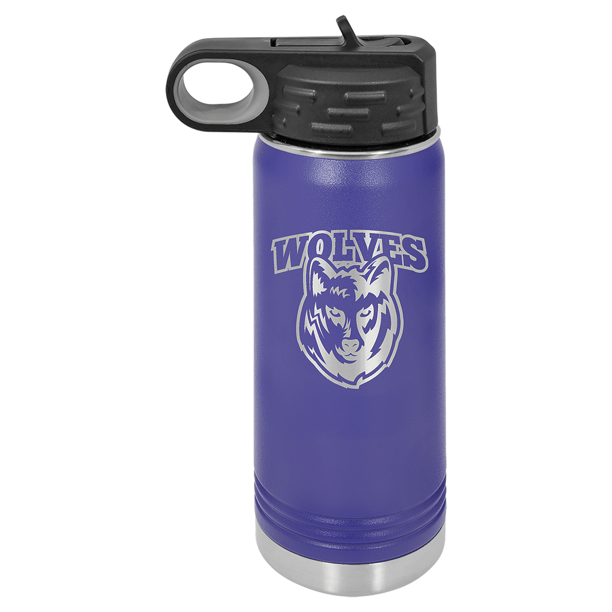 Personalized 20 oz purple powder coated insulated water bottle with flip-top straw lid