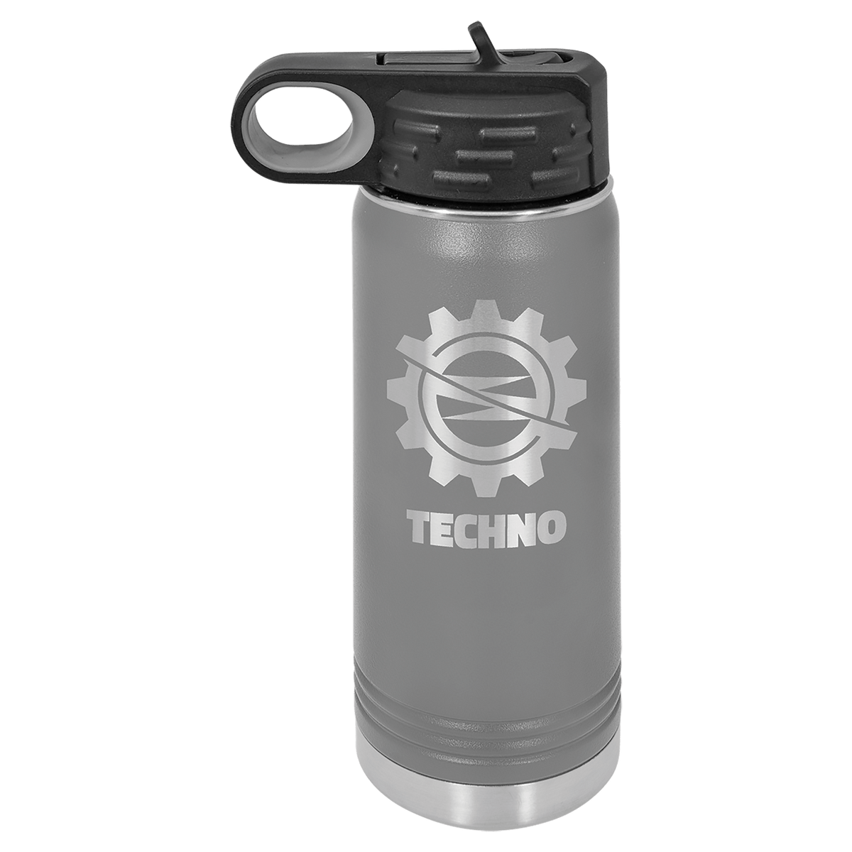 Personalized 20 oz dark gray powder coated insulated water bottle with flip-top straw lid