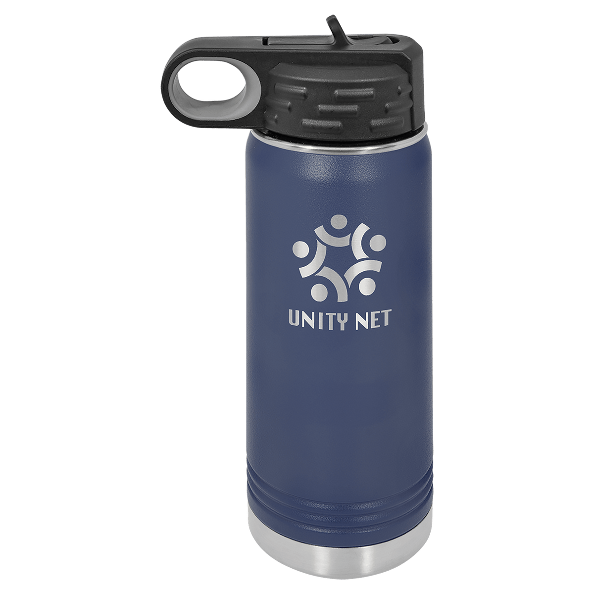 Personalized 20 oz navy blue powder coated insulated water bottle with flip-top straw lid