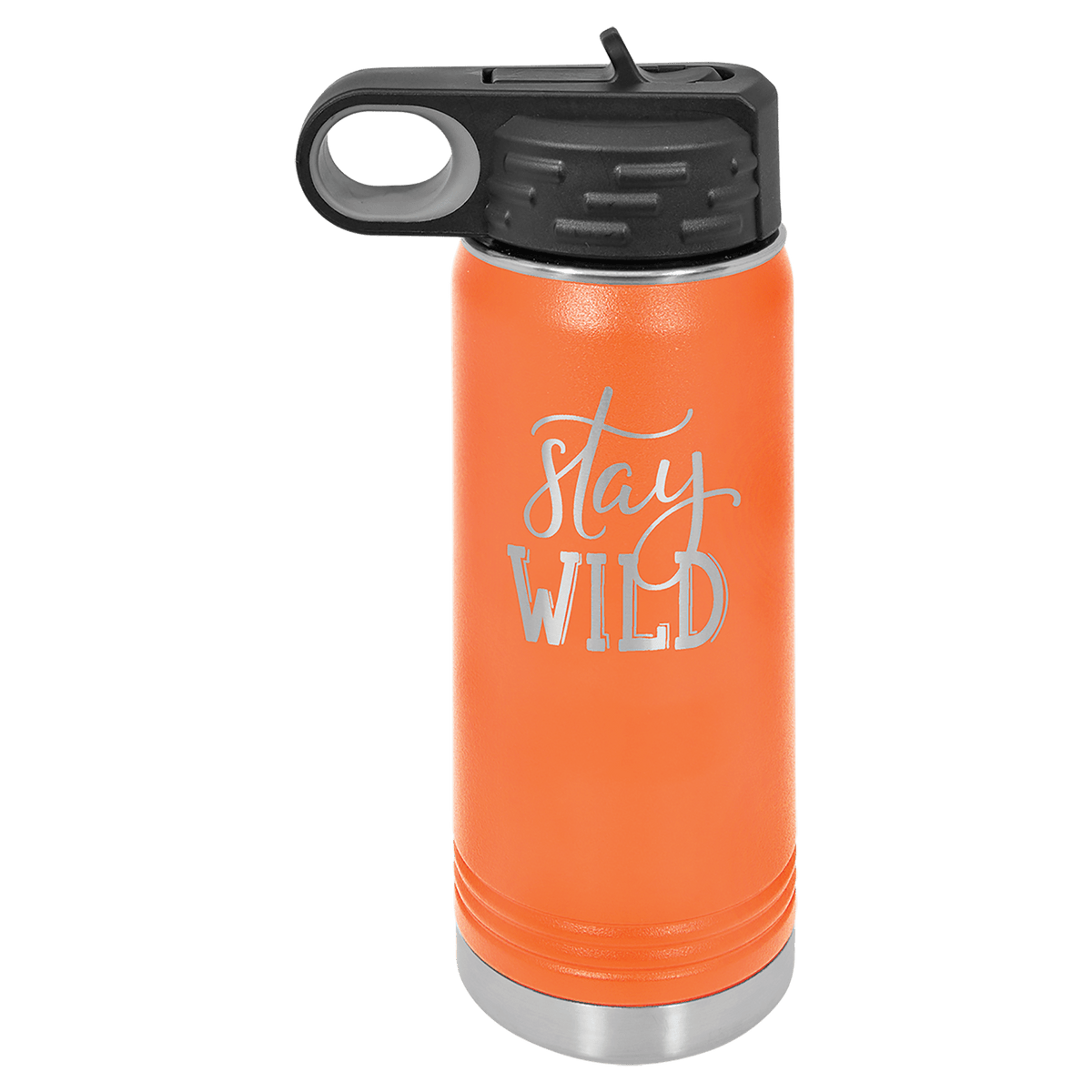 Personalized 20 oz orange powder coated insulated water bottle with flip-top straw lid