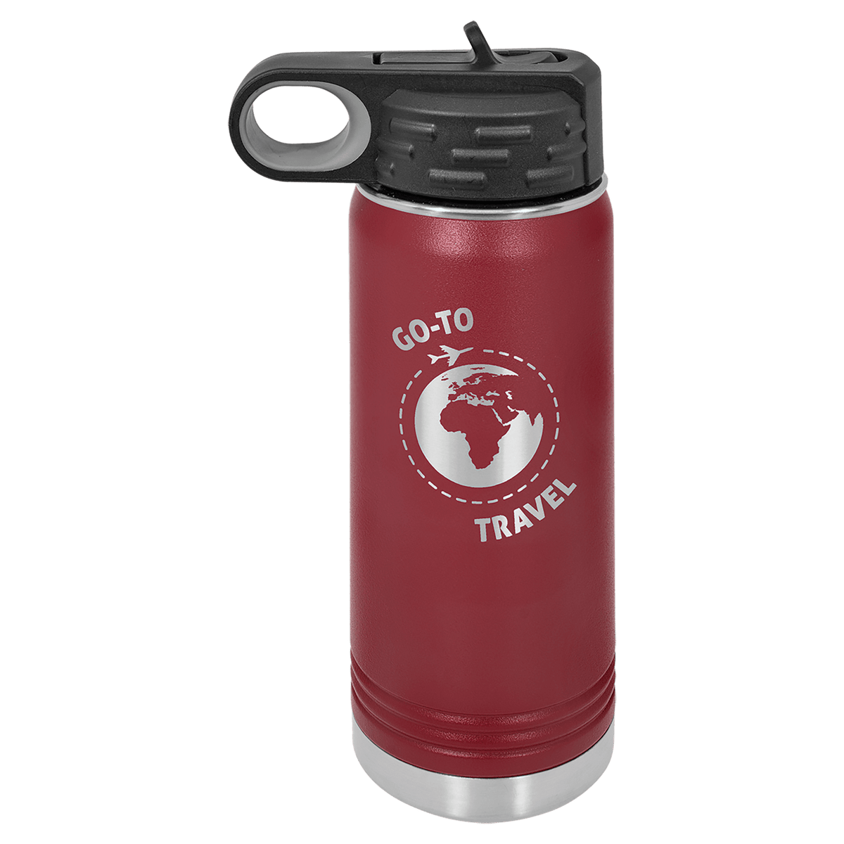 Personalized 20 oz maroon powder coated insulated water bottle with flip-top straw lid