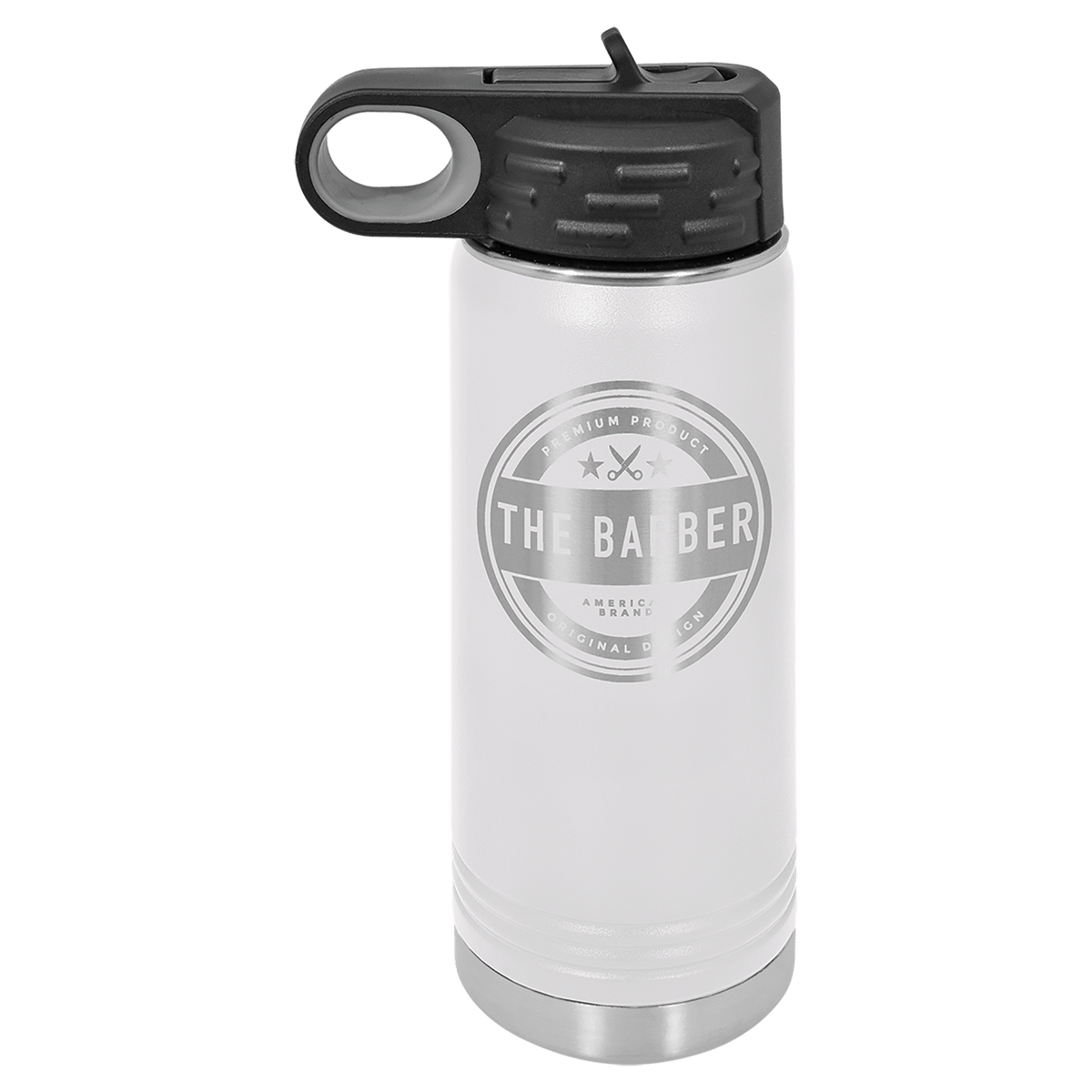 Personalized 20 oz white powder coated insulated water bottle with flip-top straw lid