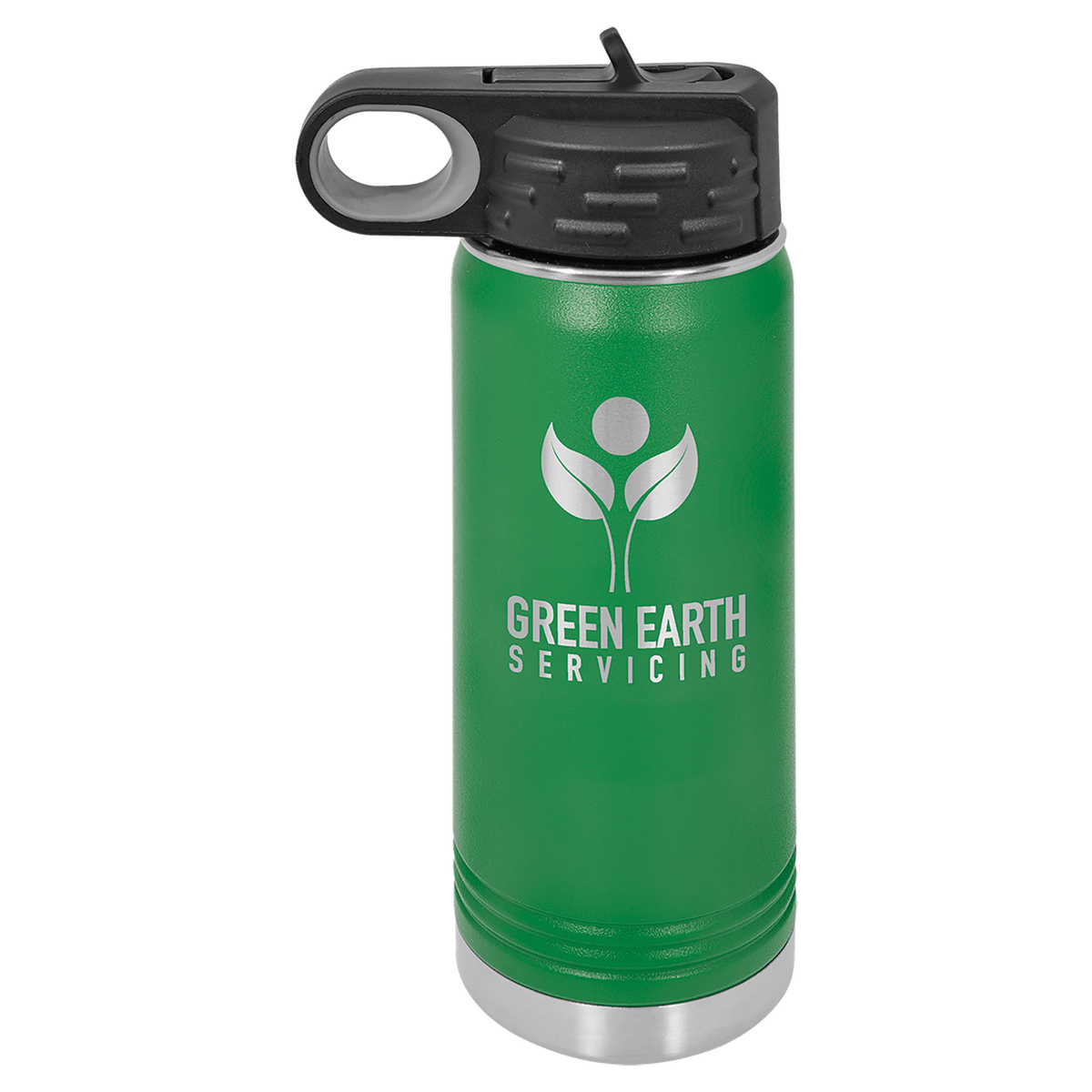 Personalized 20 oz green powder coated insulated water bottle with flip-top straw lid