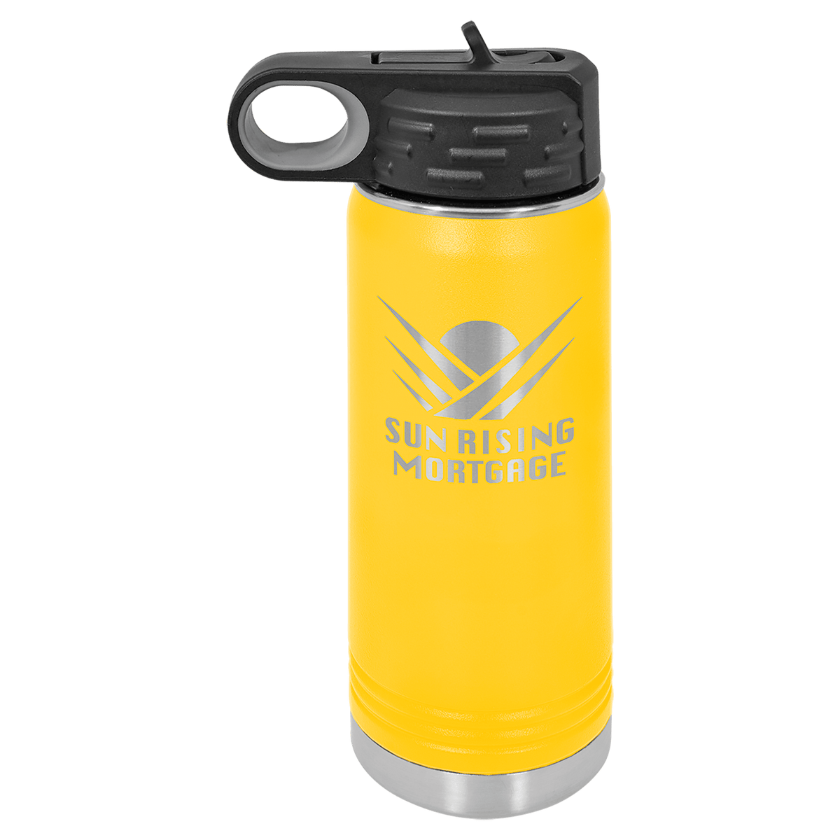 Personalized 20 oz yellow powder coated insulated water bottle with flip-top straw lid