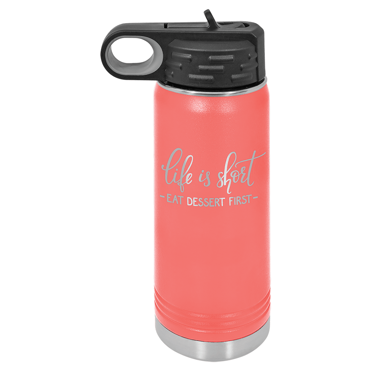 Personalized 20 oz coral powder coated insulated water bottle with flip-top straw lid