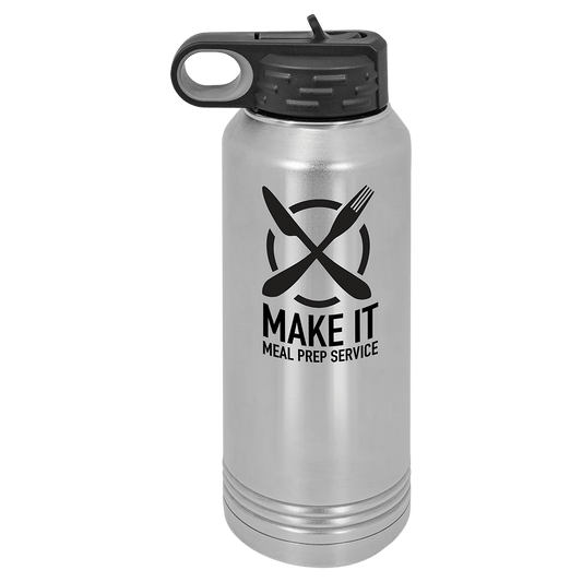 Personalized 32 oz stainless steel insulated water bottle with flip-top straw lid