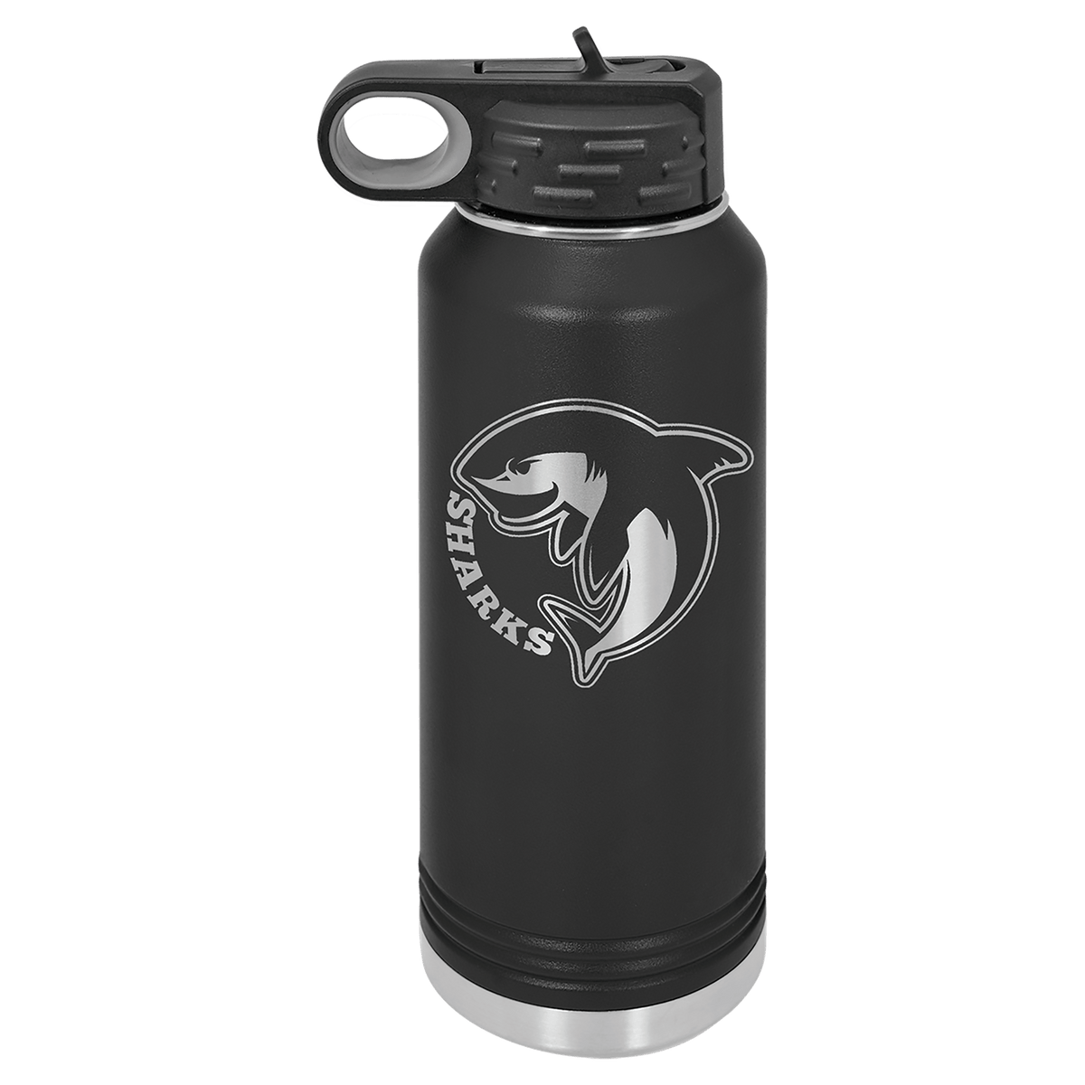Personalized 32 oz black powder coated insulated water bottle with flip-top straw lid