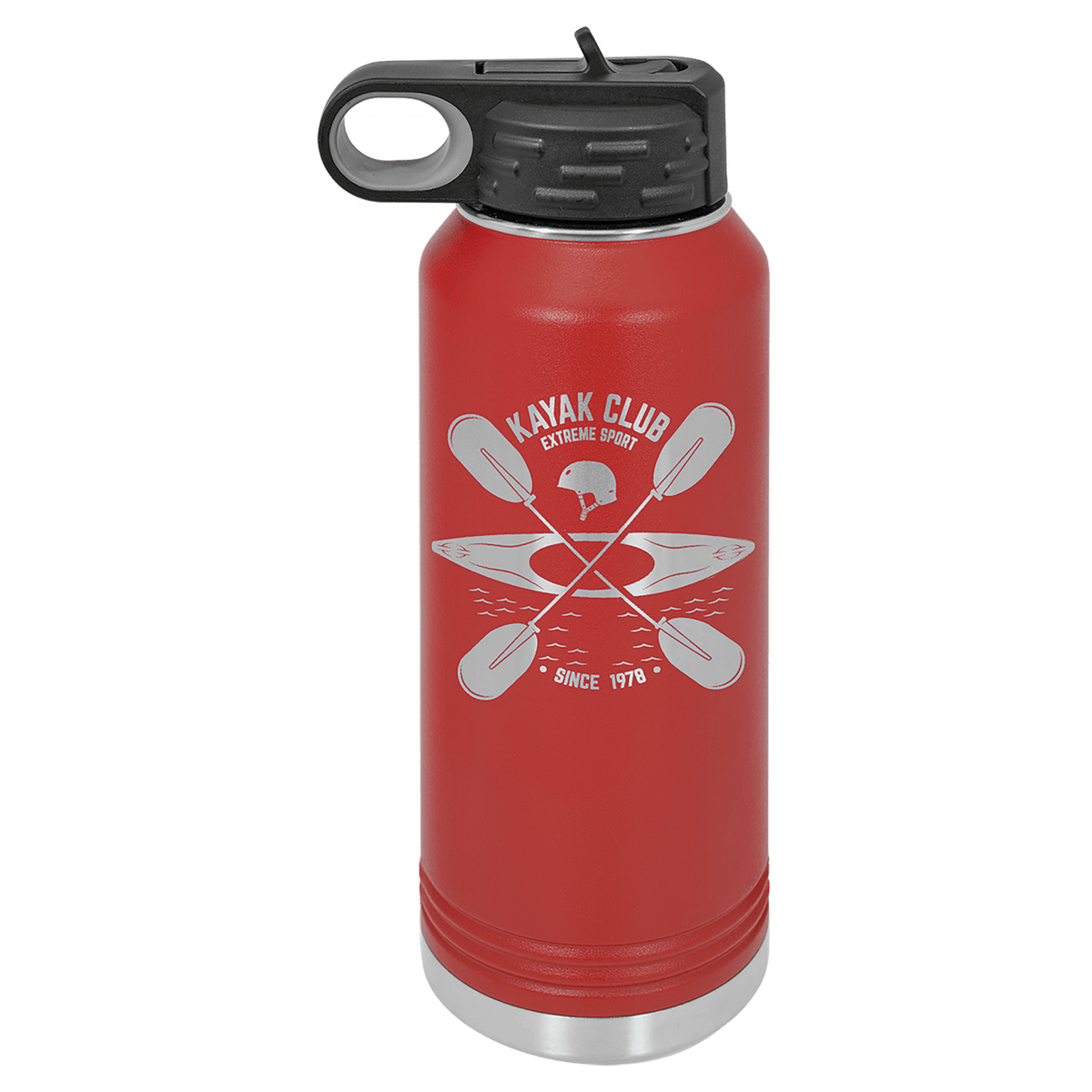 Personalized 32 oz red powder coated insulated water bottle with flip-top straw lid