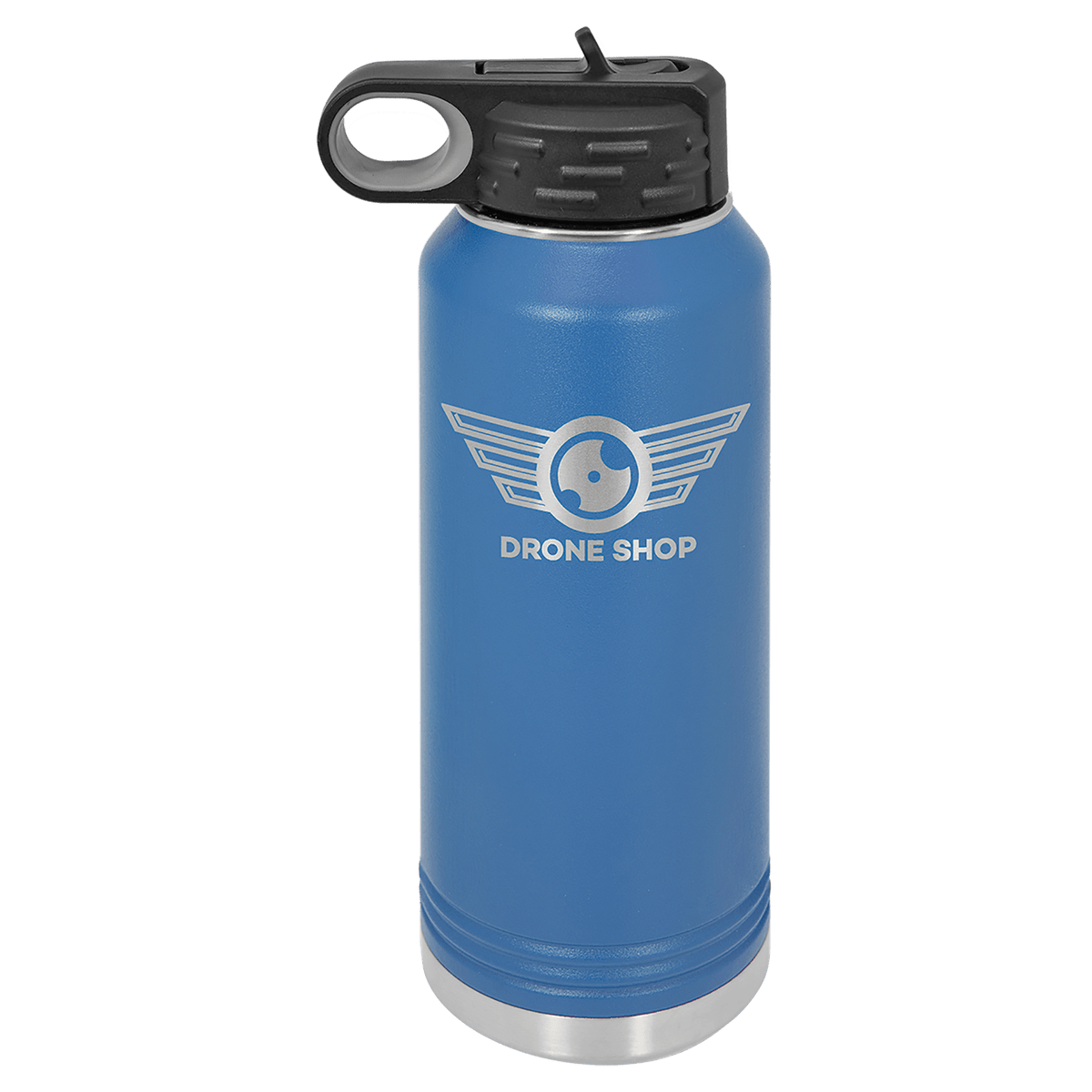 Personalized 32 oz royal blue powder coated insulated water bottle with flip-top straw lid