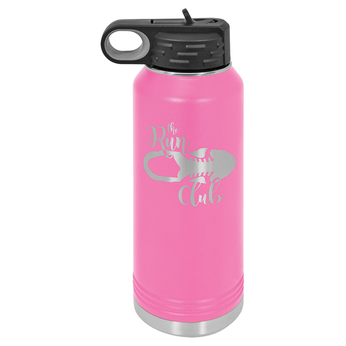 Personalized 32 oz pink powder coated insulated water bottle with flip-top straw lid