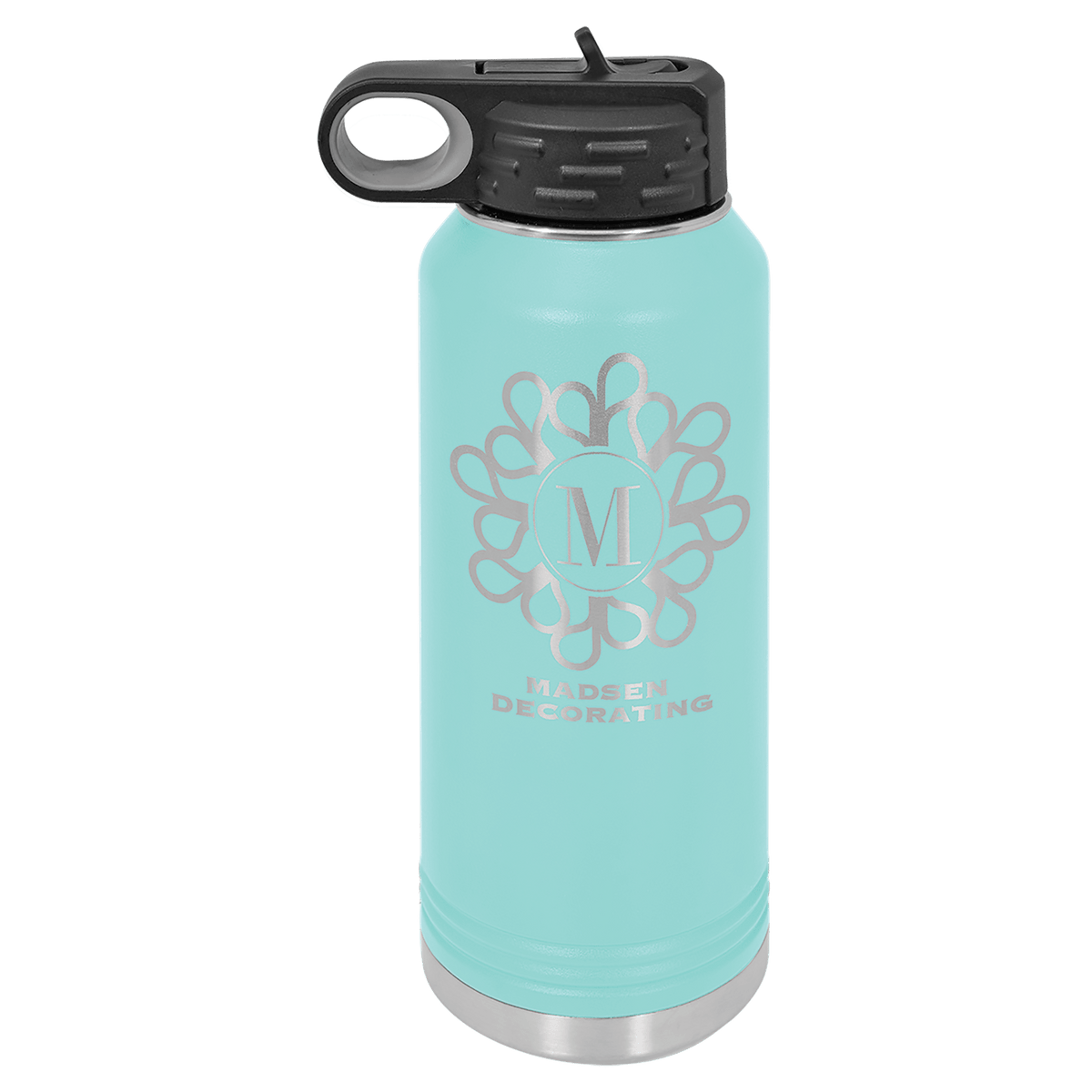 Personalized 32 oz teal powder coated insulated water bottle with flip-top straw lid