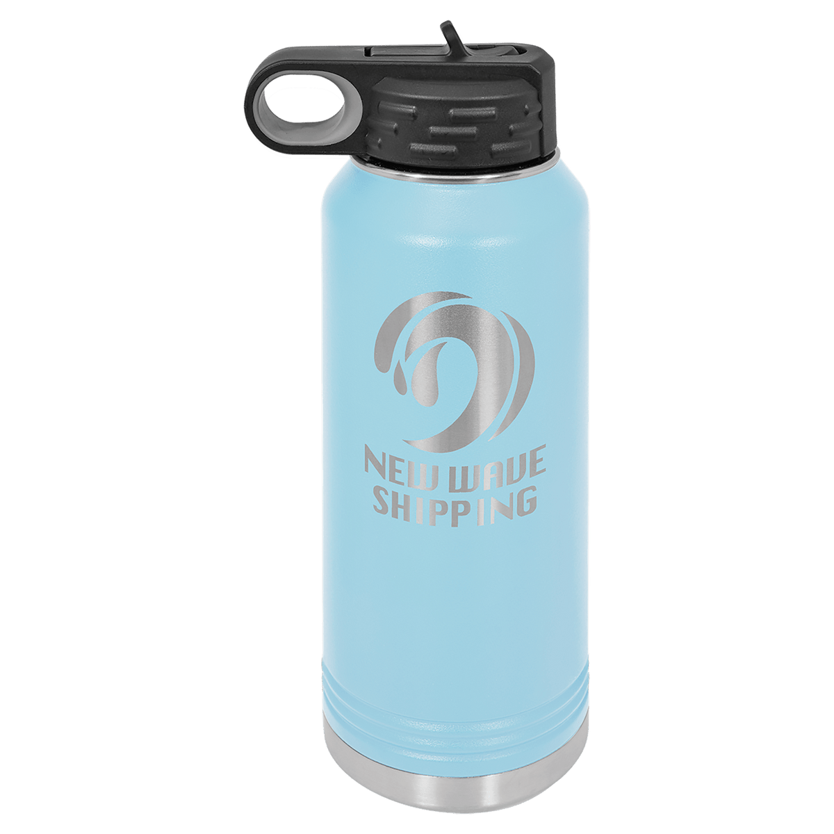 Personalized 32 oz light blue powder coated insulated water bottle with flip-top straw lid