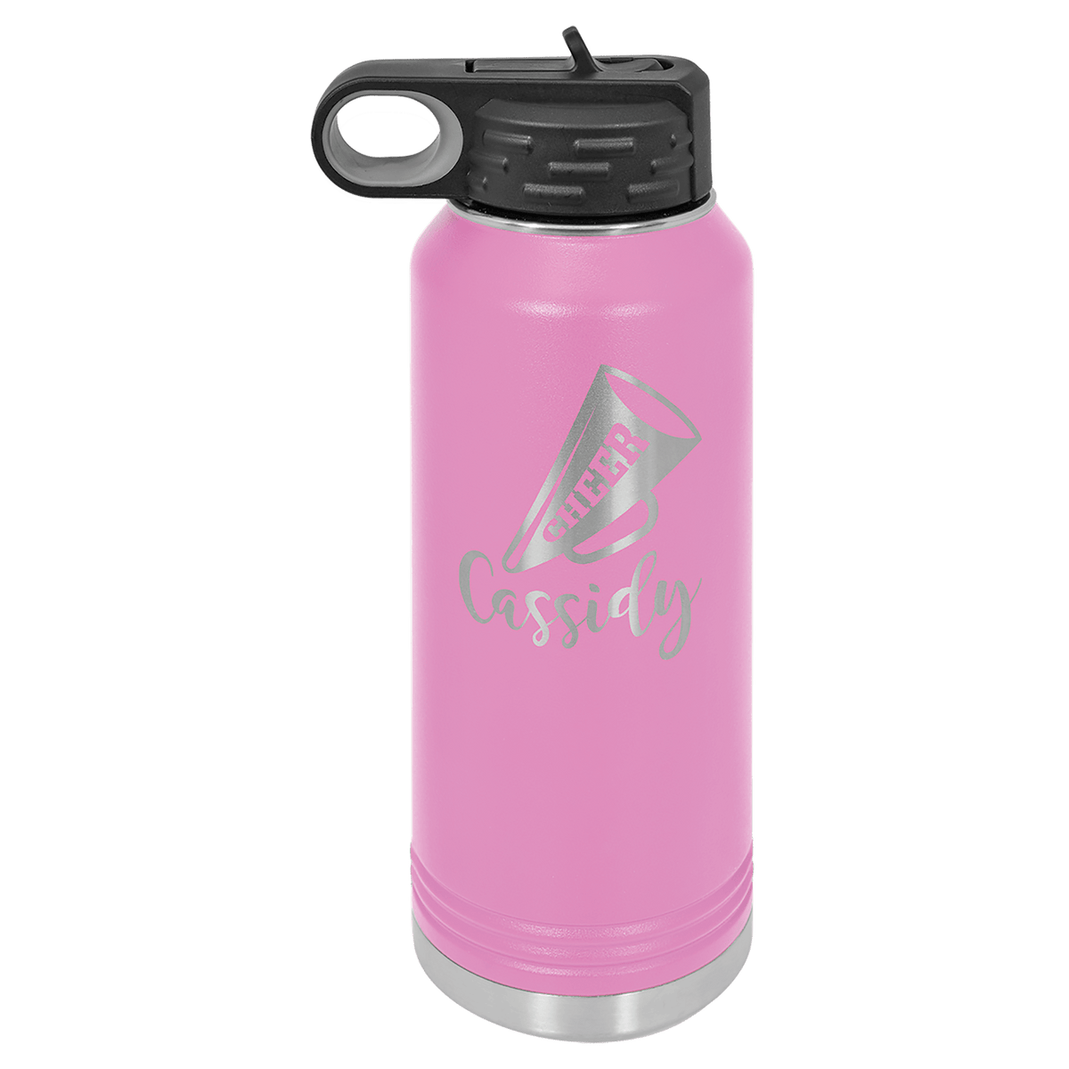 Personalized 32 oz light purple powder coated insulated water bottle with flip-top straw lid