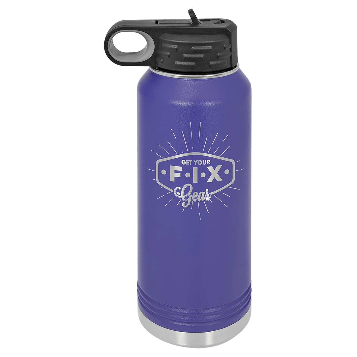 Personalized 32 oz purple powder coated insulated water bottle with flip-top straw lid