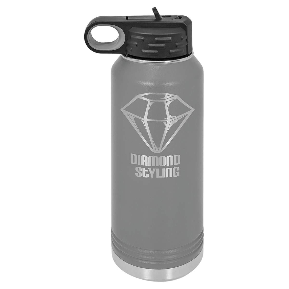 Personalized 32 oz dark gray powder coated insulated water bottle with flip-top straw lid