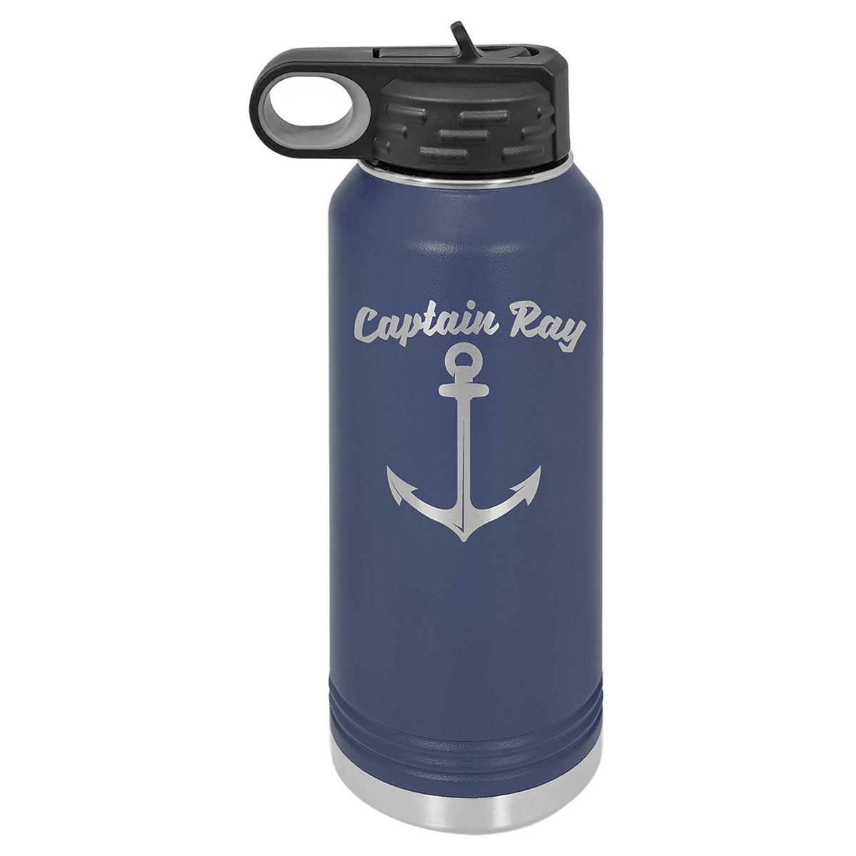 Personalized 32 oz navy blue powder coated insulated water bottle with flip-top straw lid
