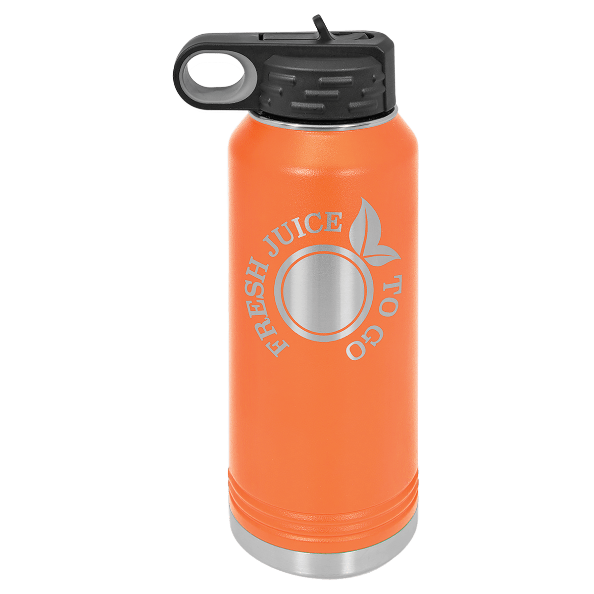 Personalized 32 oz orange powder coated insulated water bottle with flip-top straw lid