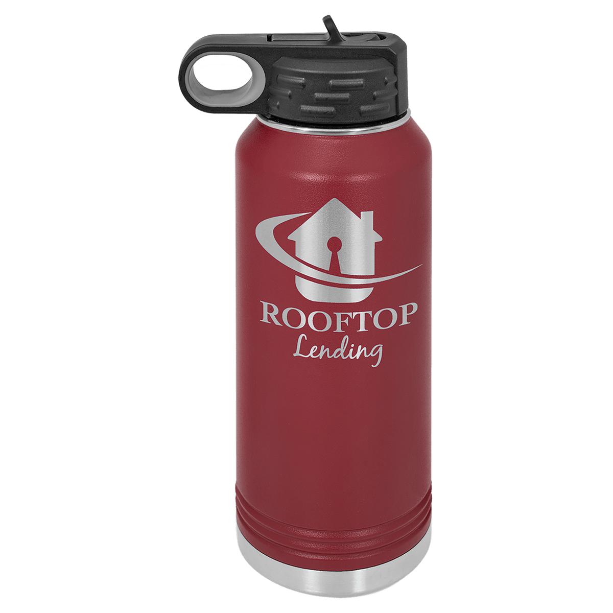 Personalized 32 oz maroon powder coated insulated water bottle with flip-top straw lid