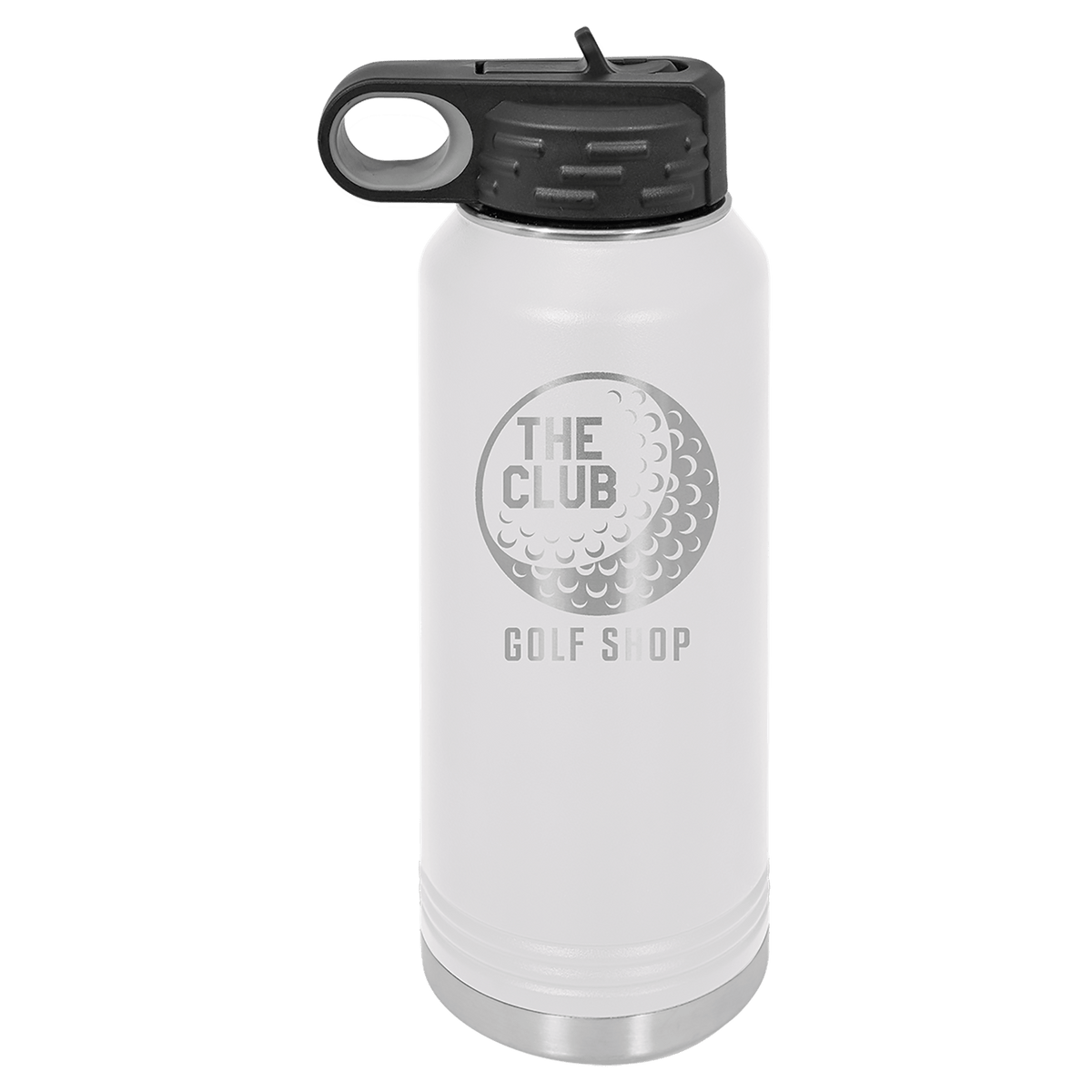 Personalized 32 oz white powder coated insulated water bottle with flip-top straw lid